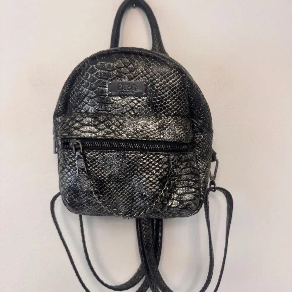 Mini Backpack By BCBG Black & Silver Faux Snakeskin